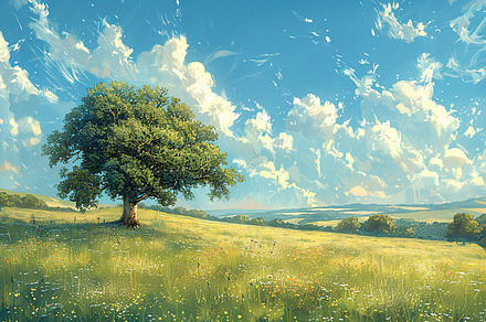 Lush green field under blue skies wi, a Photo by LOGOCREATIVE