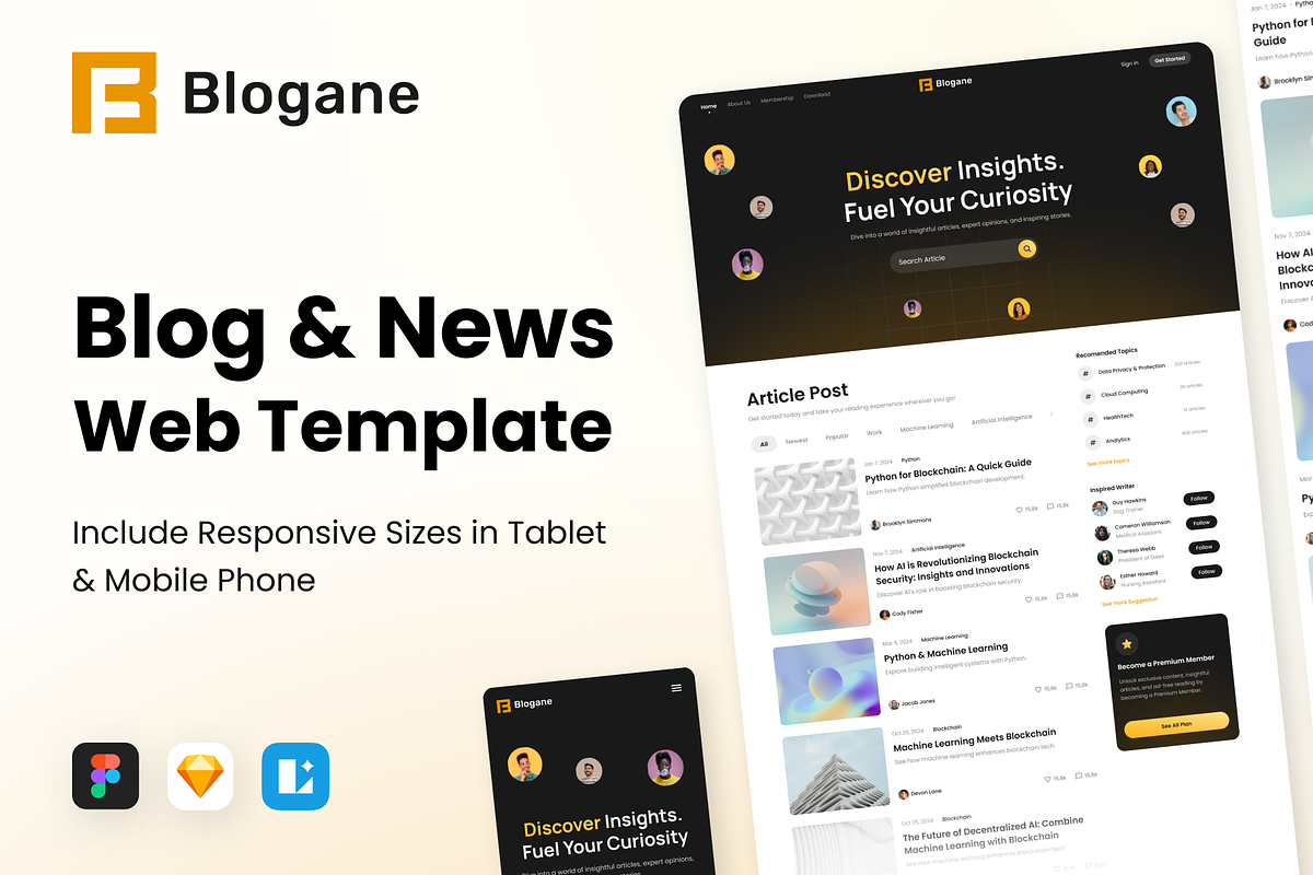 Blogane - Blog/News Landing Page Kit, an UI Kit Template by Agensip Design Agency (Photo 1 of 10)
