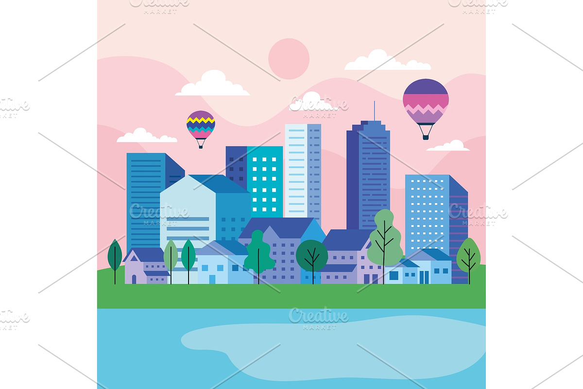City landscape with buildings houses, an Illustration by studiogstock
