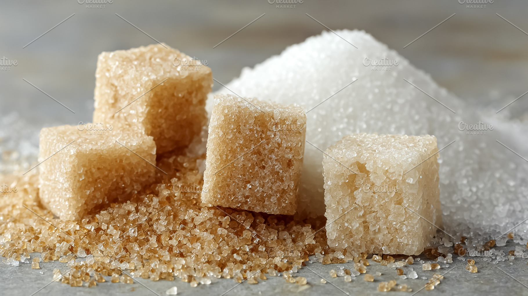 Brown sugar cubes with loose granulated brown sugar on a gray su, a Photo by Studio ANNA