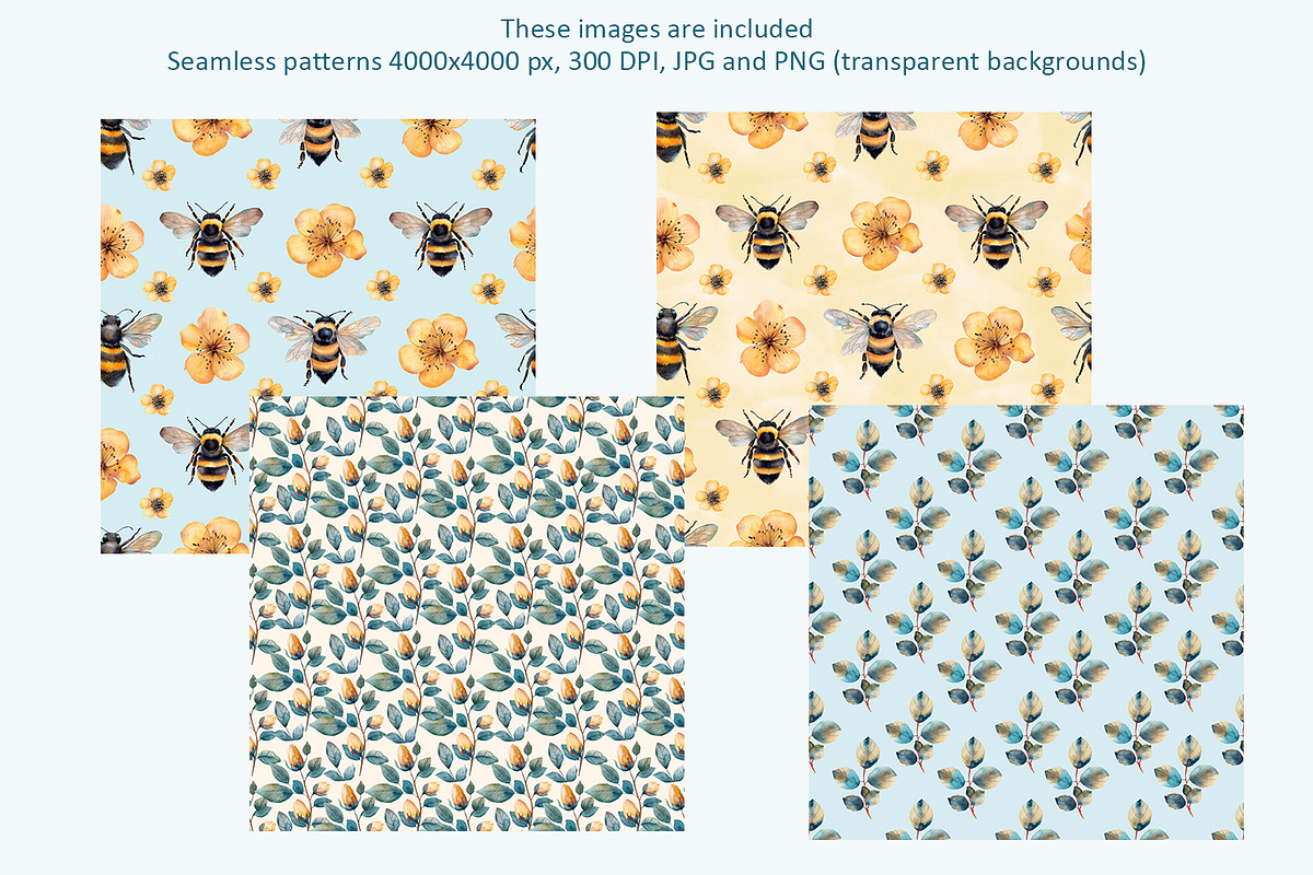 Bees and flowers watercolor clipart, a Seasonal Illustration by Anna Druzhkova (Photo 8 of 17)