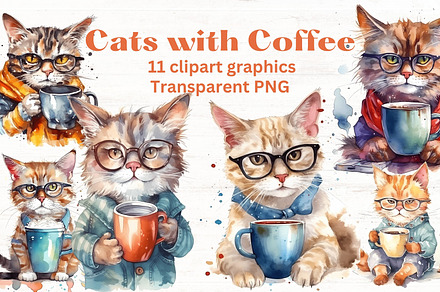 Cats with Coffee clipart x11, an Animal Illustration by Mermaids Cove