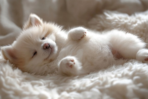 A fluffy white puppy lies comfortably on a cozy blanket, exuding a peaceful and, an Animal Photo by ImageMir