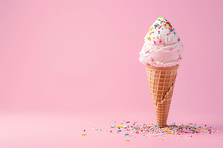 Ice cream with sprinkles in waffle cone on pink background, a Food & Drink Photo by AlyaAnd
