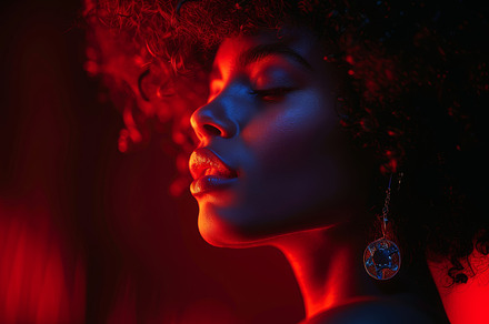 Young african american woman in artistic lighting with a confident expression, a Photo by AS photostudio