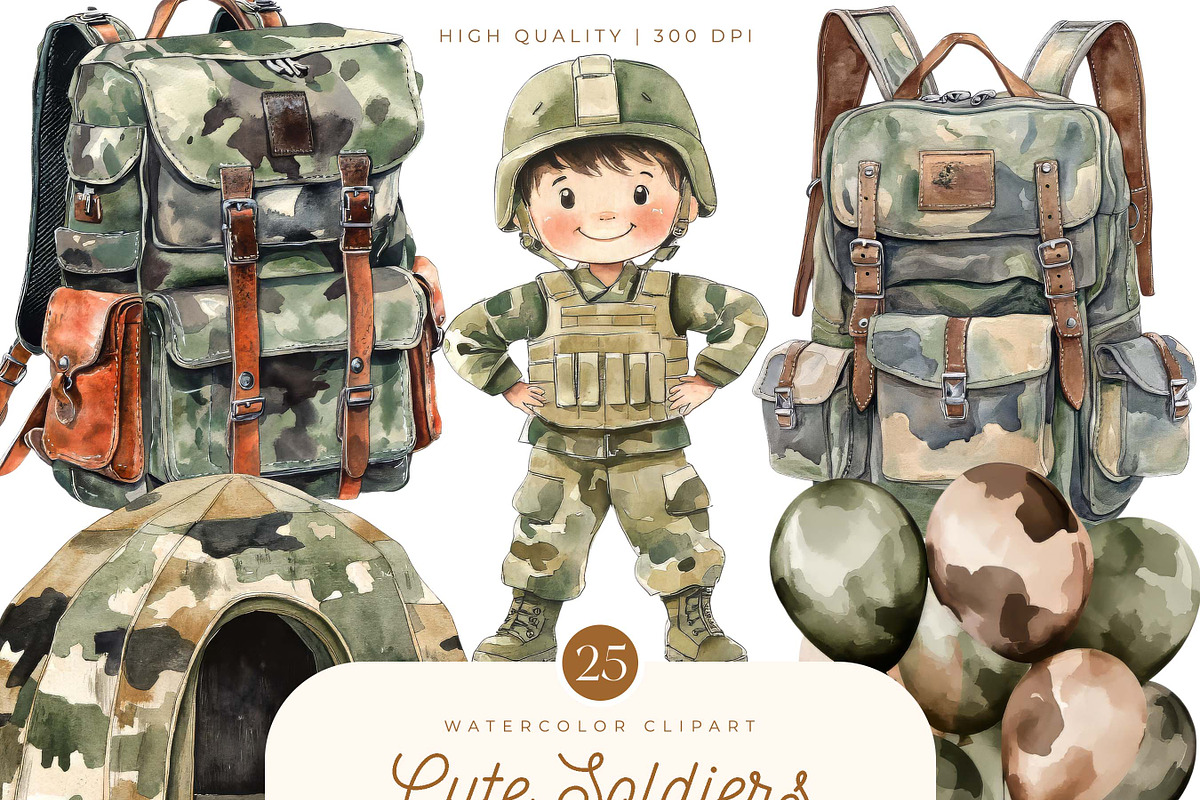 Cute little Soldiers Clipart Bundle, a Person Illustration by SparkyDesignsUS (Photo 1 of 9)