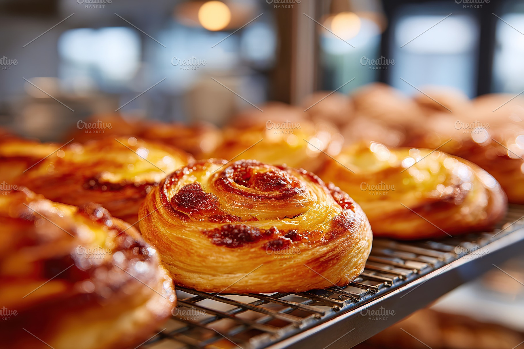 Danish pastries filled with apricot and cream displayed in a bakery setting, a Food & Drink Photo by AlyaAnd