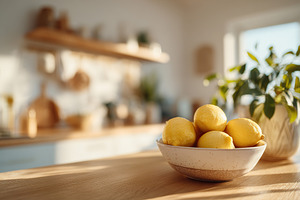 Lemons in a bowl on a wooden kitchen countertop with warm sunlight streaming in, a Photo by AlyaAnd