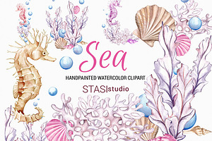 Watercolor Seahorse & Ocean Clipart
