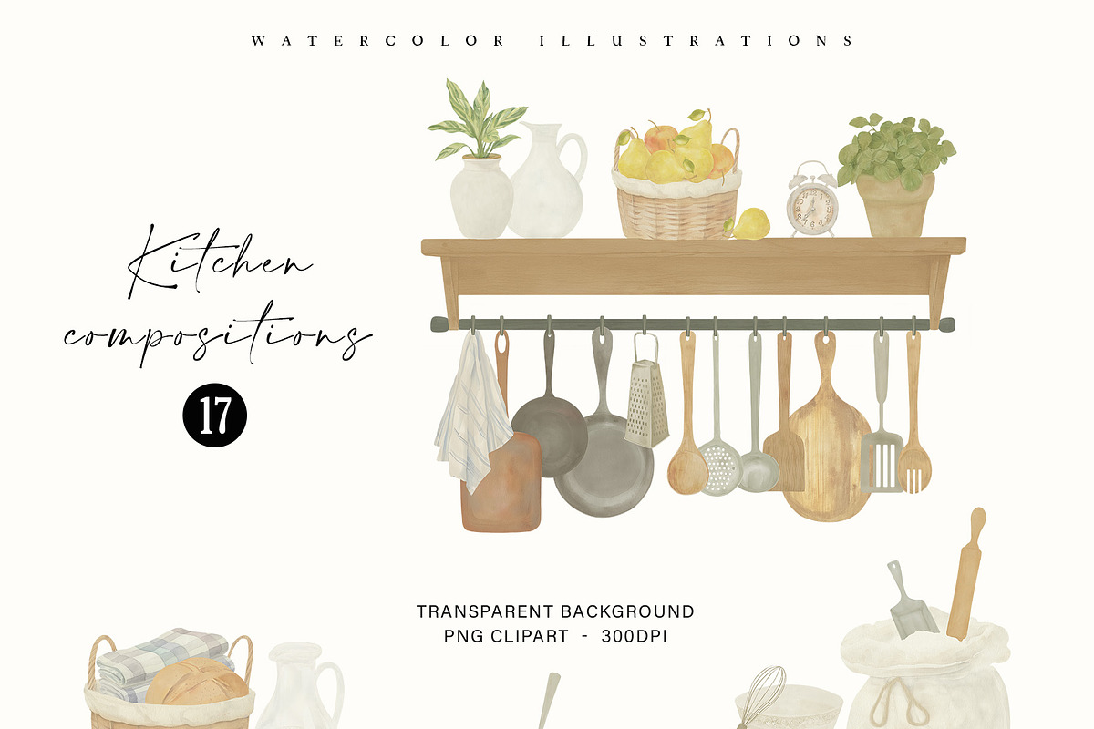 Country Kitchenware Watercolor Set, a Decorative Illustration by Sunshine Art (Photo 3 of 16)