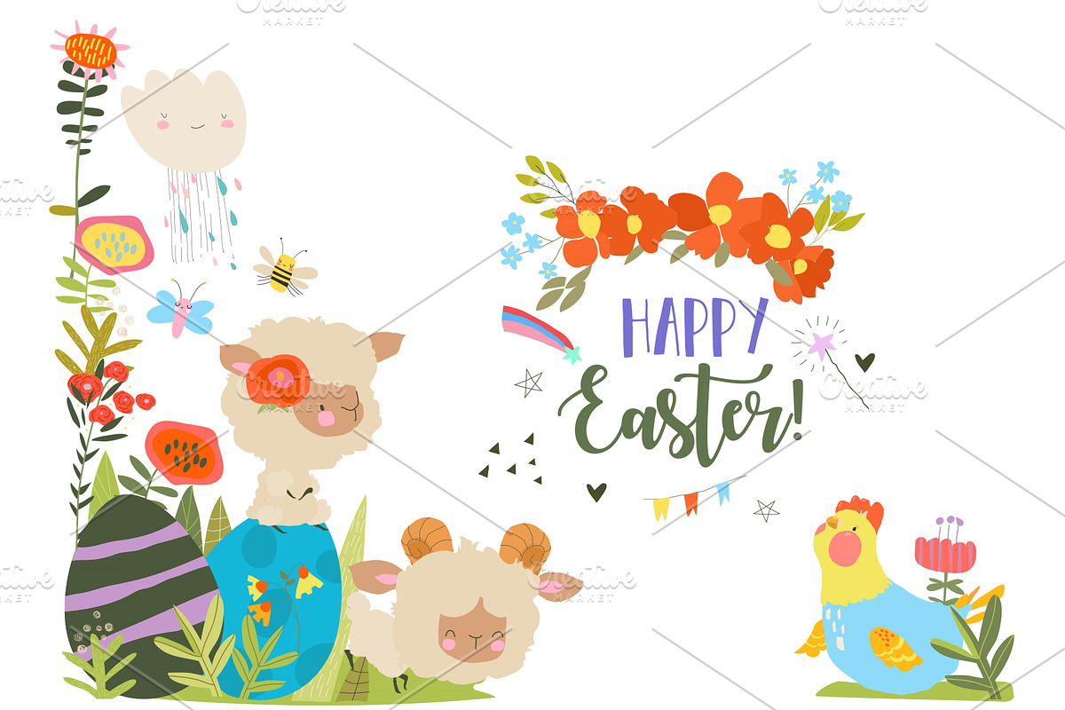 Cute Cartoon Lambs sitting on Easter, an Object Illustration by Maria Starus