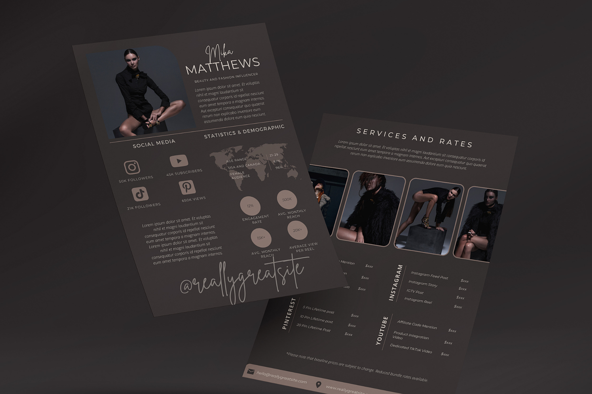4 Page Media Kit Template Dark Theme, a Presentation Template by CoCreatorDesigns (Photo 10 of 10)