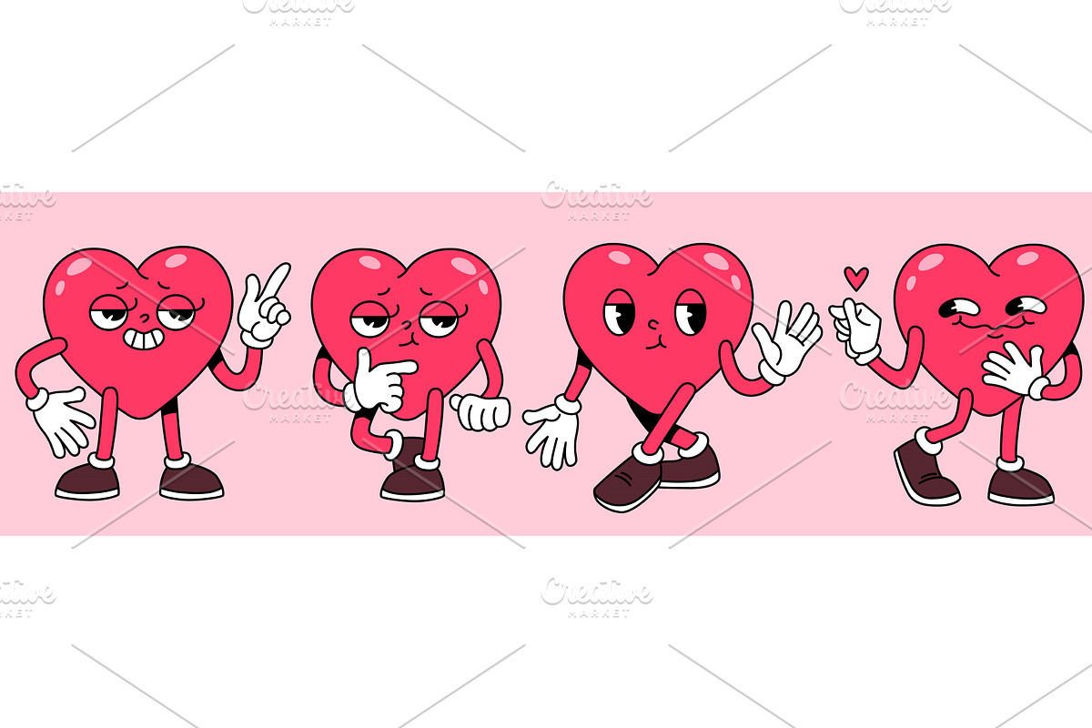 Cartoon groovy heart mascots with, an Illustration by art PVP - market