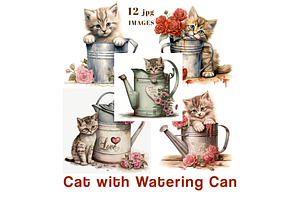 Cat With Watering Can JPG Clipart, an Animal Illustration by Memories By Lea