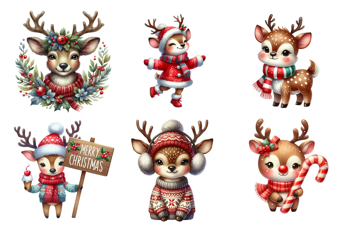 Cute Christmas Reindeer Clipart PNG, an Illustration by SinaCreation (Photo 3 of 7)