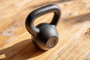 Kettlebell on wooden surface in bright sunlight showcasing fitness equipment de, a Photo by AlyaAnd