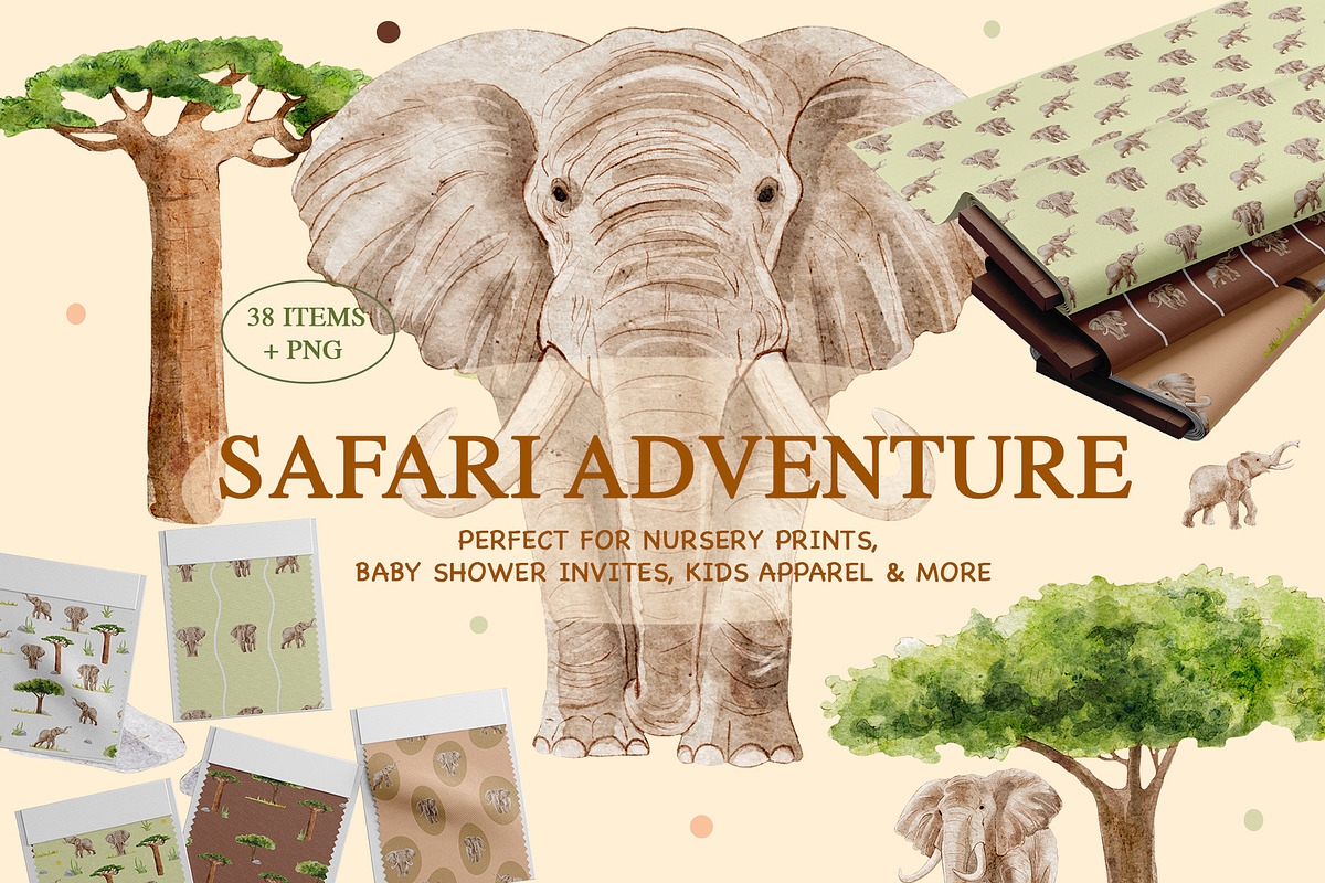 Elephant Safari Watercolor set, an Animal Illustration by KlymchukArtworks (Photo 1 of 8)