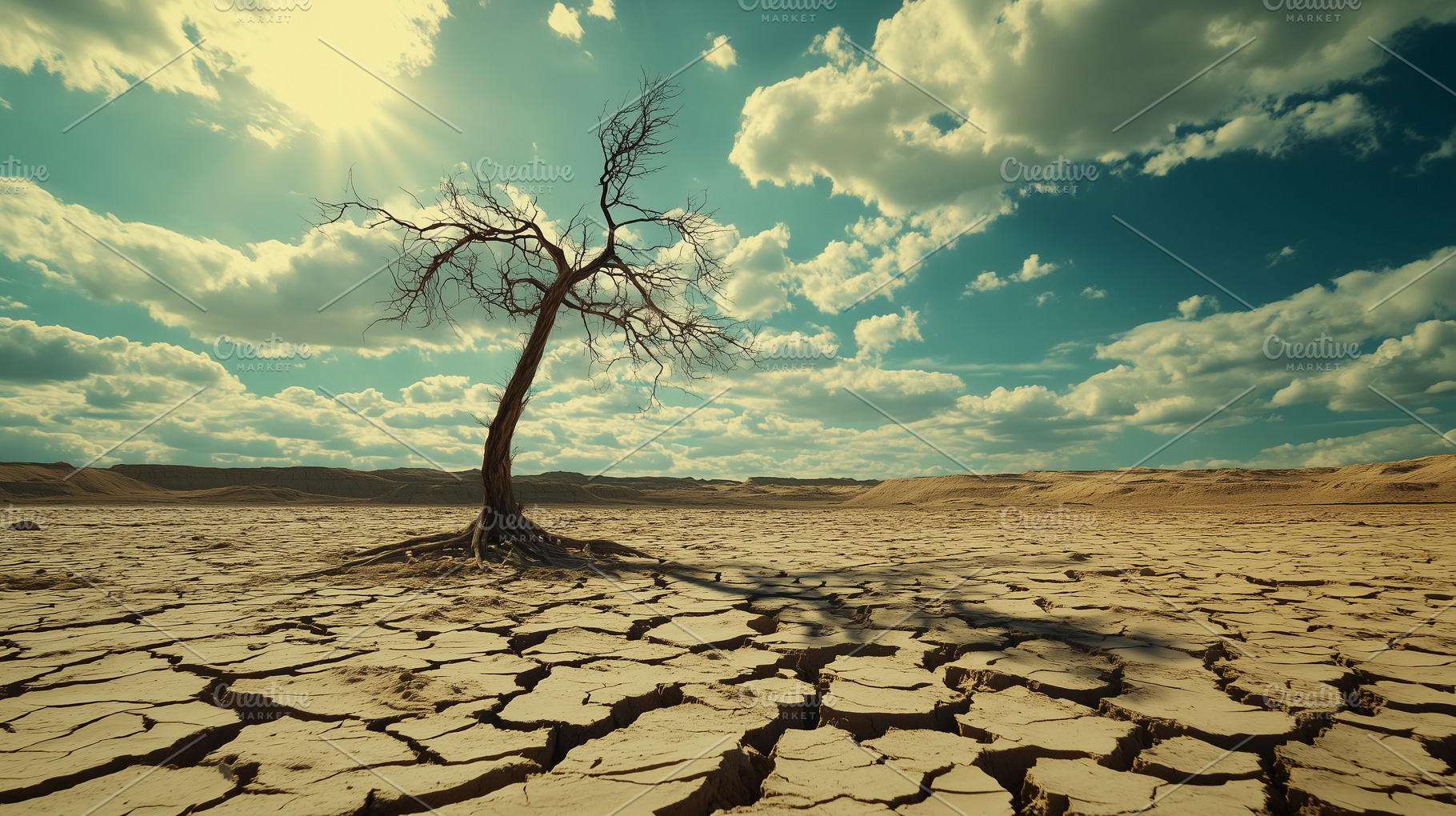 Dried cracked earth with single tree, a Nature Photo by MistyDay
