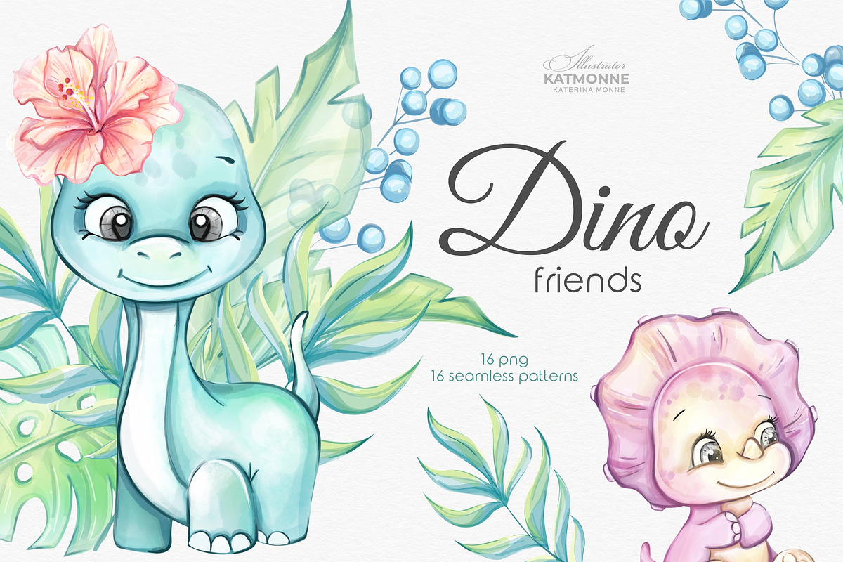 Watercolor Baby Dino Friends, an Animal Illustration by katmonne (Photo 1 of 7)