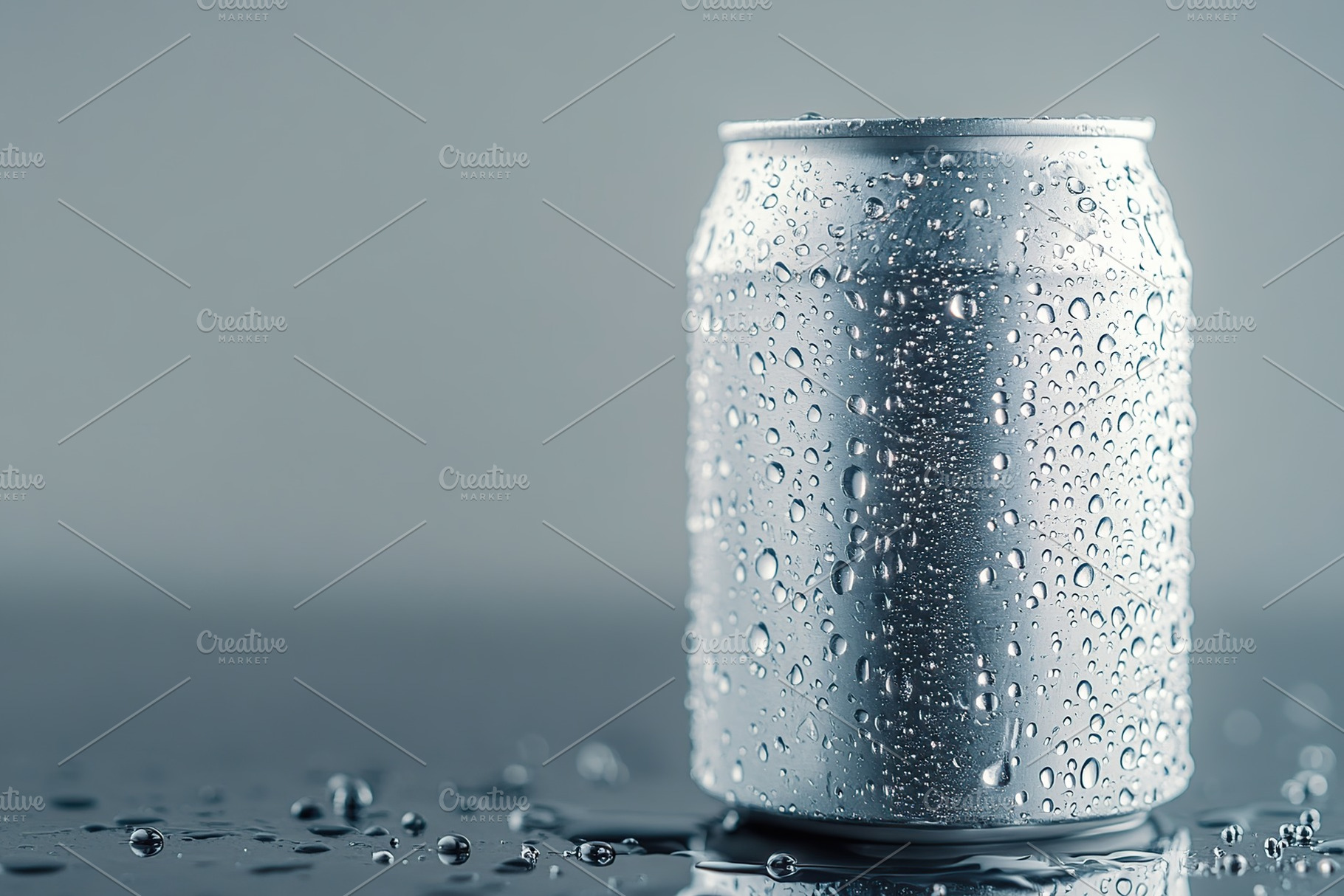 Aluminum can with water drops on grey background, a Food & Drink Photo by AlyaAnd