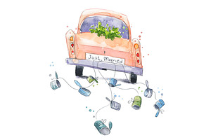 Just married car going on honeymoon, an Illustration by Kamenuka