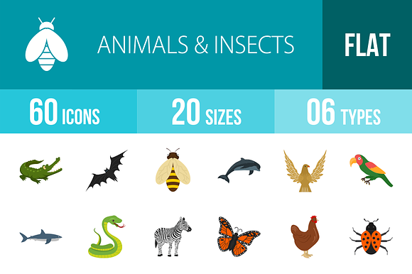 60 Animals Insects Flat Multicolor