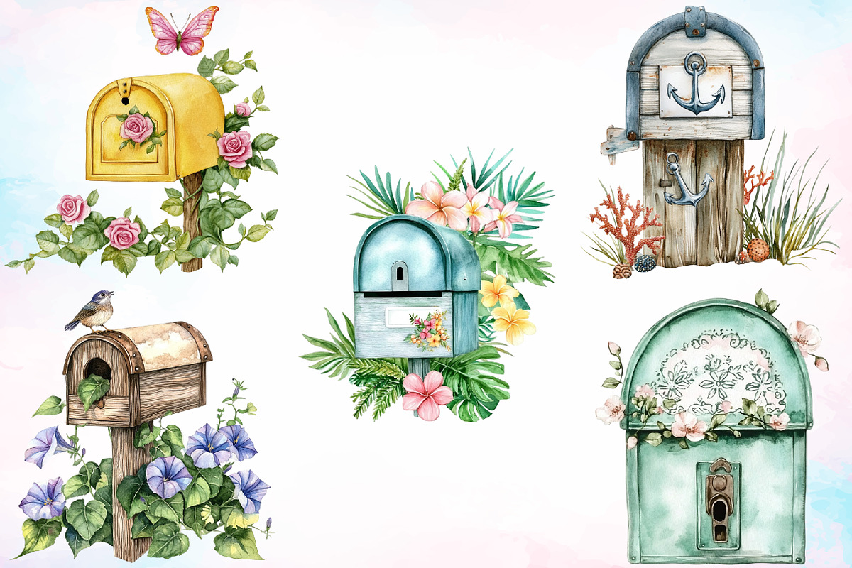 Watercolor Summer Mailbox Clipart, an Illustration by Canvas Craft (Photo 3 of 4)