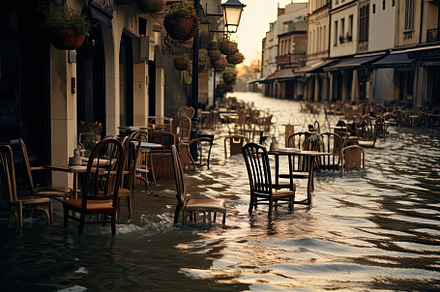 Flooding in an european country, with washed out street, destroyed furniture an
