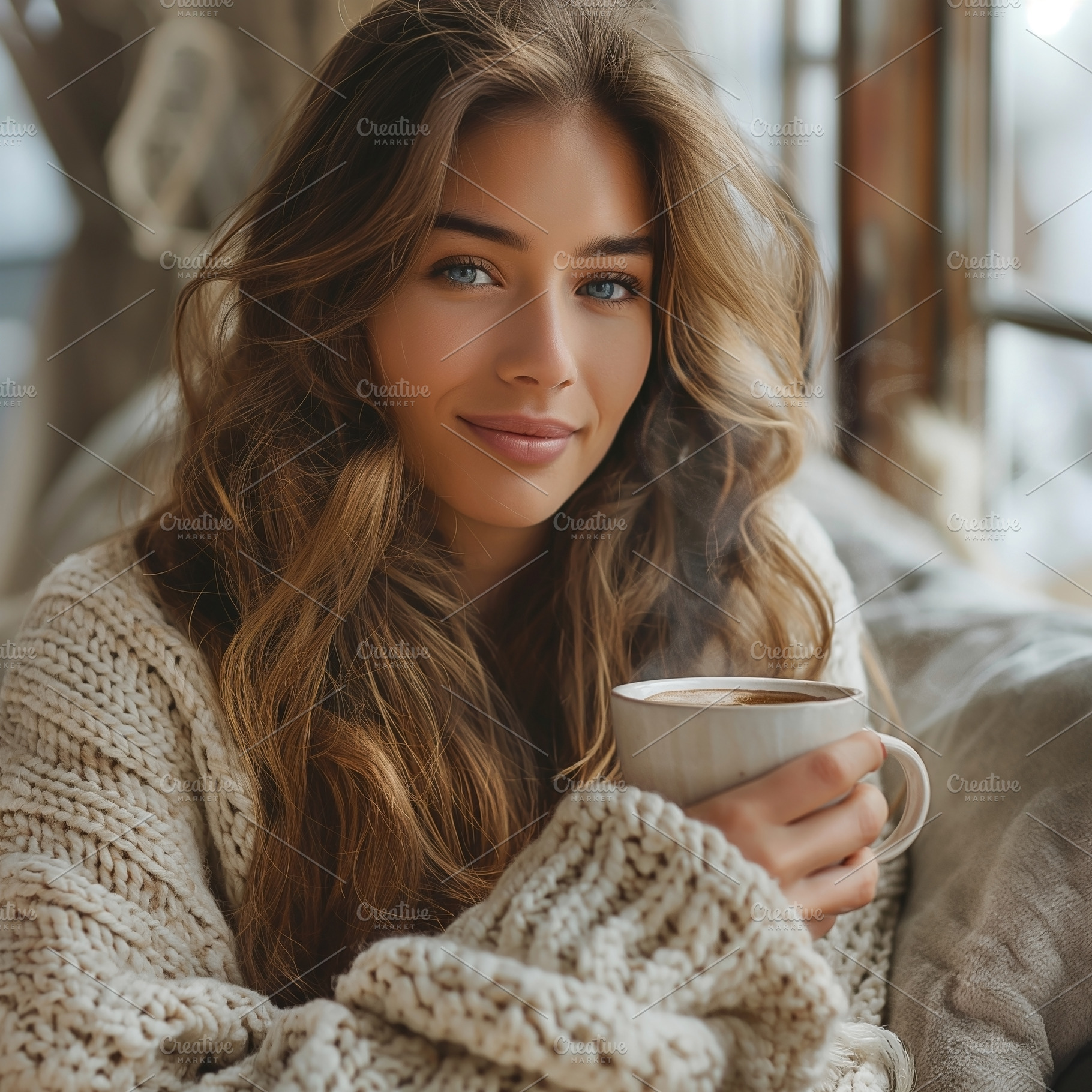 A young Caucasian woman with long, wavy hair enjoys a warm drink by the window, a Person Photo by ImageMir