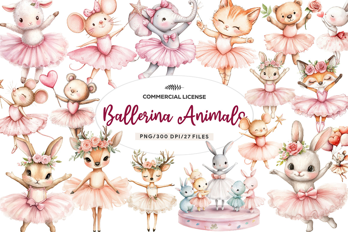 Watercolor Cute Pink Ballerina Anima, an Illustration by CreationArt (Photo 1 of 9)
