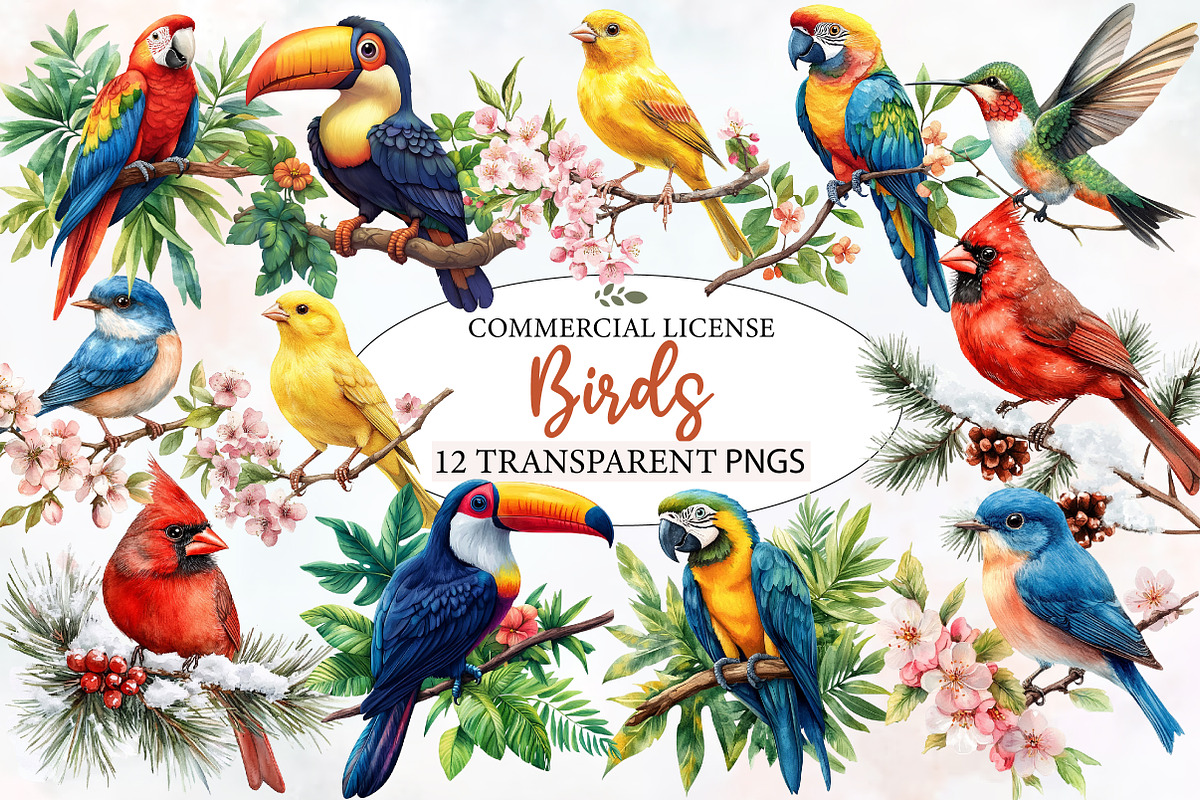 Birds on Branch Clipart Bundle, an Illustration by Designworld (Photo 1 of 4)