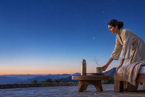 Woman stargazing on terrace at night, a Photo by Dvoevnore photos