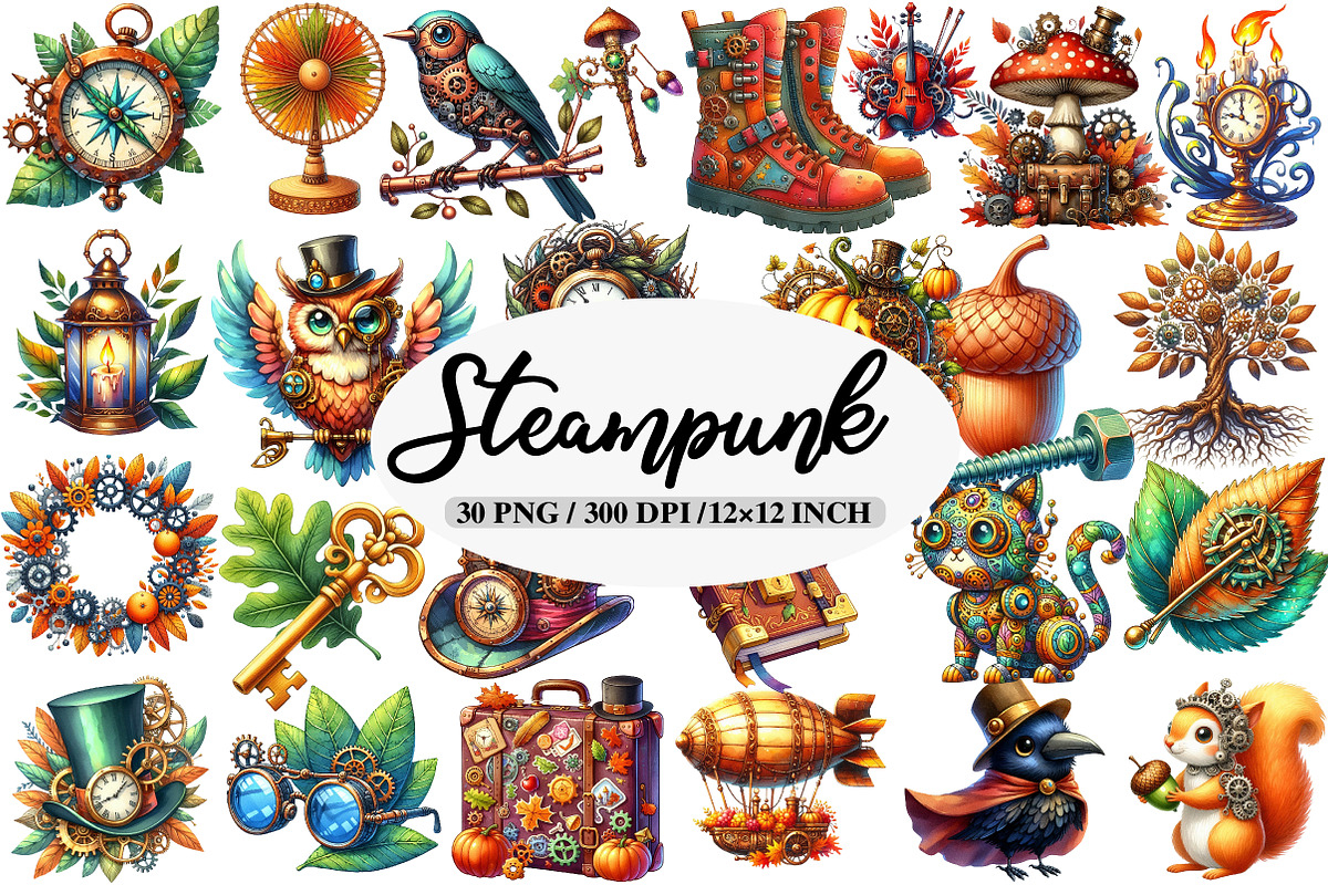 Watercolor Steampunk Autumn Clipart, an Illustration by Daily.Designs (Photo 1 of 5)