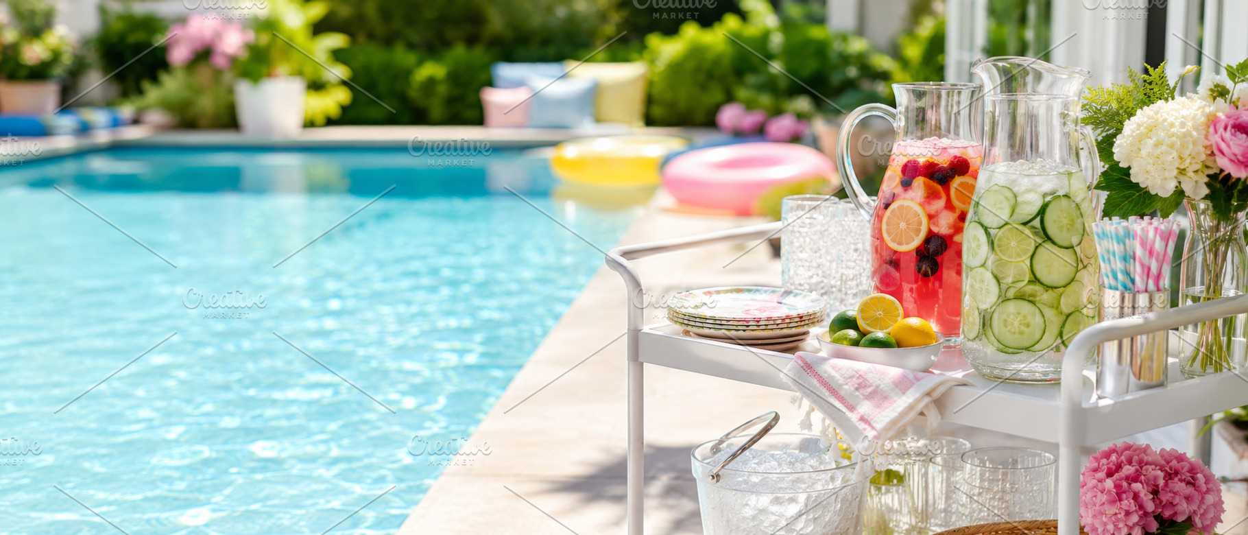 Summer pool party with refreshing dr, a Photo by Dvoevnore photos