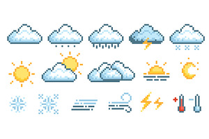 Pixel weather icons. 8 bit style, an Object Illustration by YummyBuum