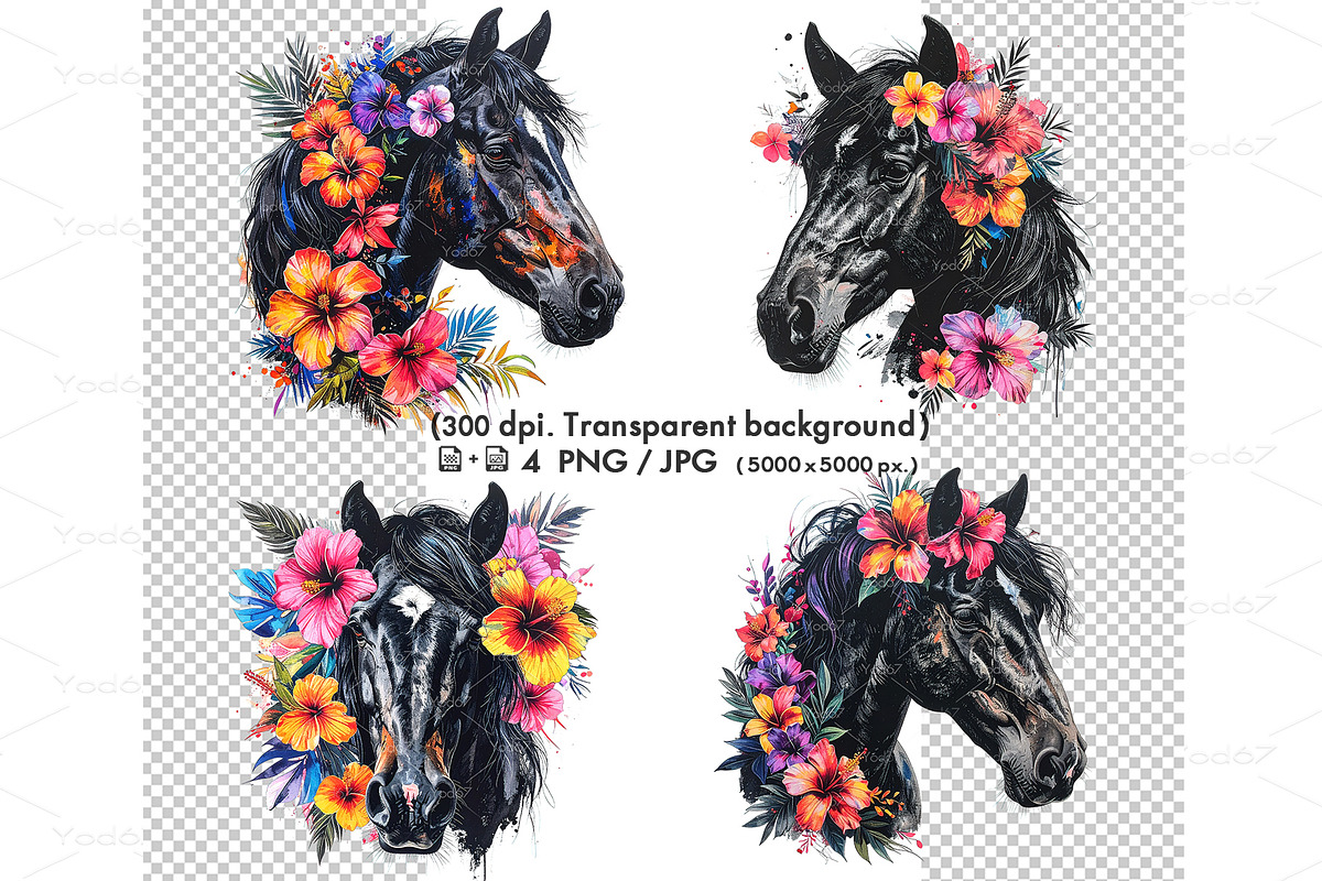 Black horse head with flowers, an Animal Illustration by yod67 (Photo 1 of 8)