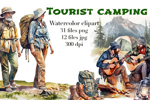 Tourist camping, watercolor clipart