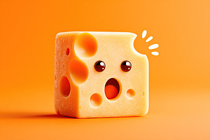Cute cartoon cheese character with surprised expression and a small bite taken, a Food & Drink Photo by AlyaAnd