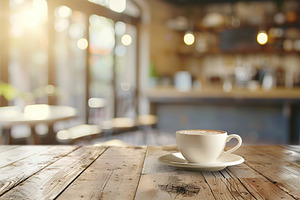 Cup of coffee on table in cafe on blurred background, sunlights and outdoors, a Food & Drink Photo by AlyaAnd