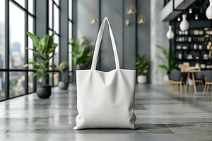 A stylish white tote bag positioned elegantly in a modern, sunlit space with gr, a Business Photo by ImageMir