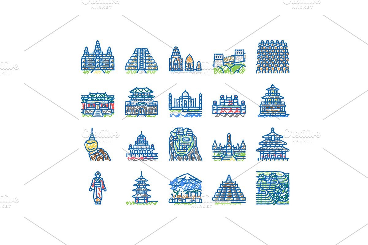 Asia Building And Land Scape Icons, an Object Illustration by pikepicture