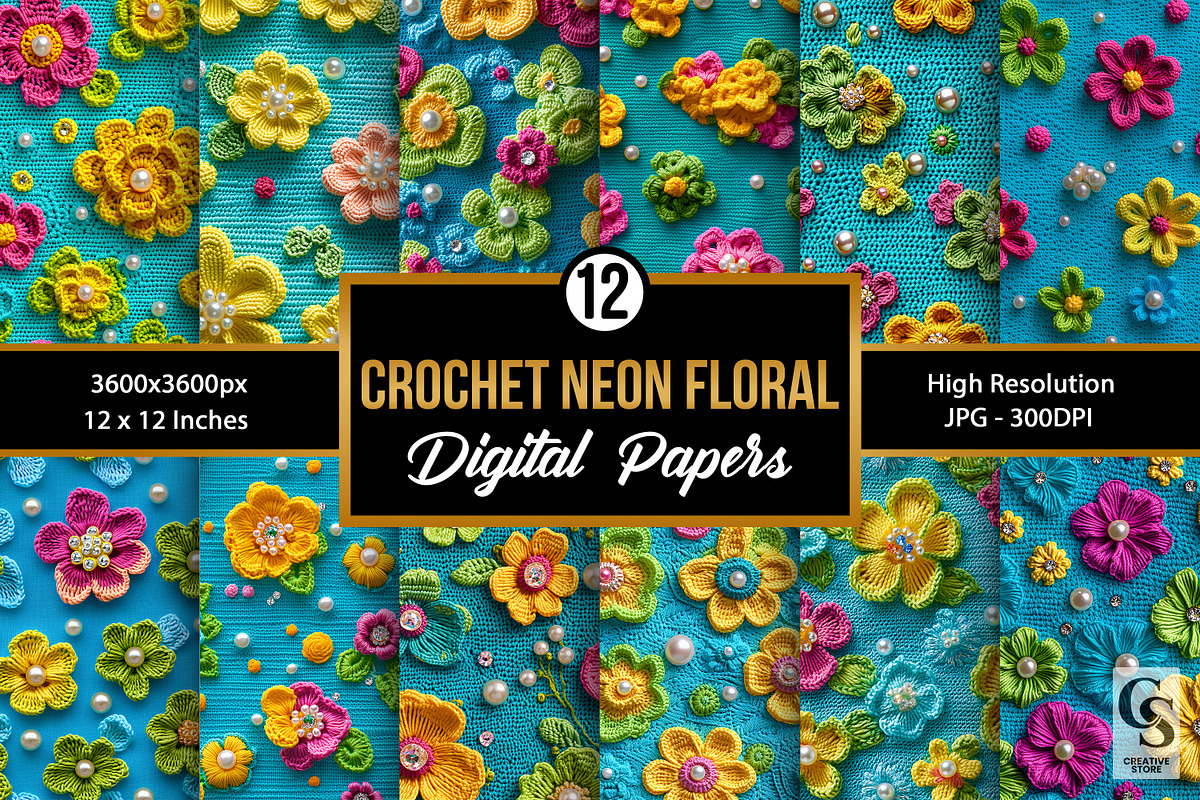 Turquoise Neon Crochet Flower Papers, a Pattern Graphic by Creative Store (Photo 1 of 4)