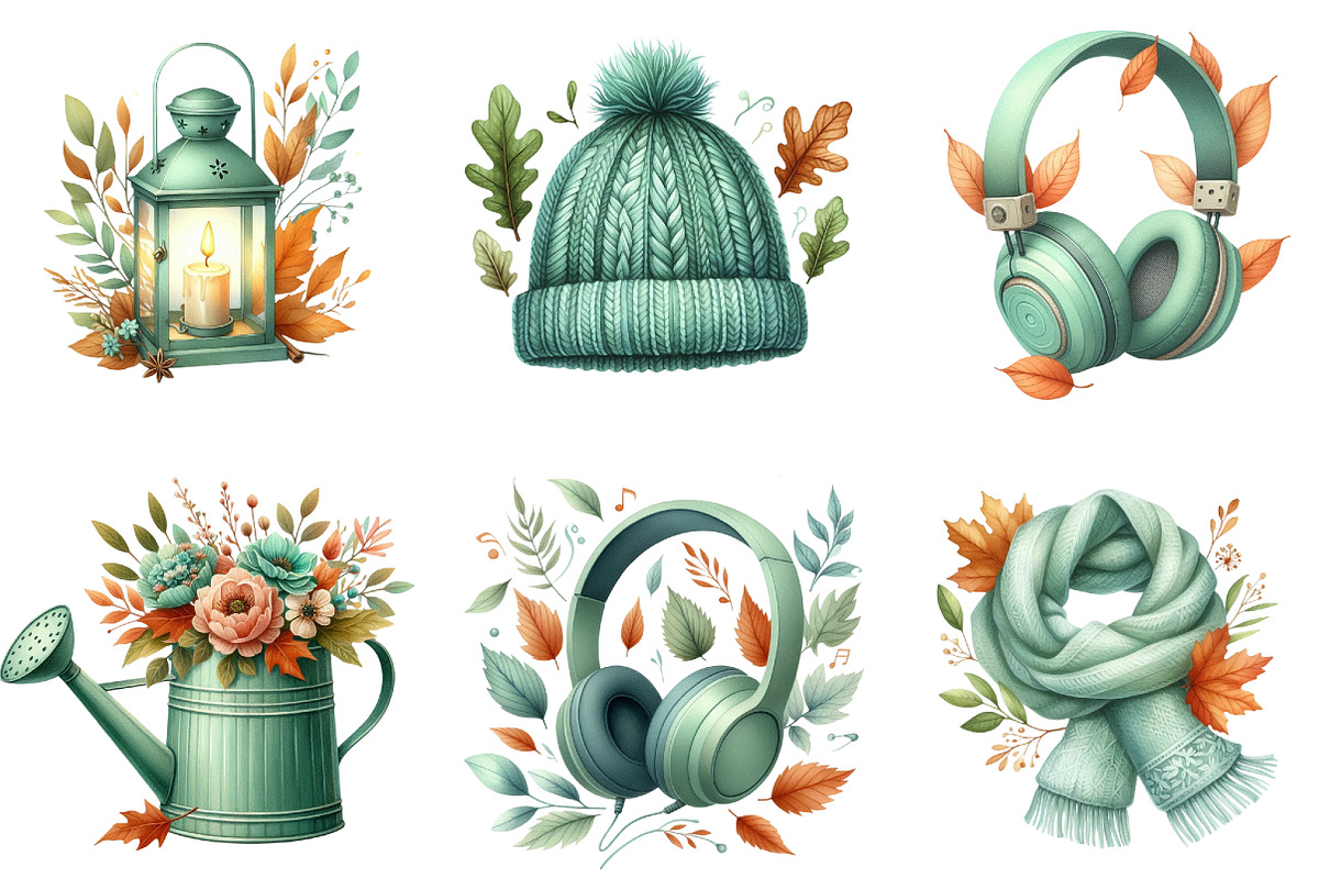 Mint Green Autumn Clipart PNG, an Illustration by DreamArtGraphic (Photo 2 of 4)