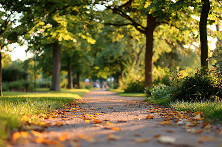 Serene park trail lined with trees and fallen leaves during golden hour in earl, a Nature Photo by AlyaAnd