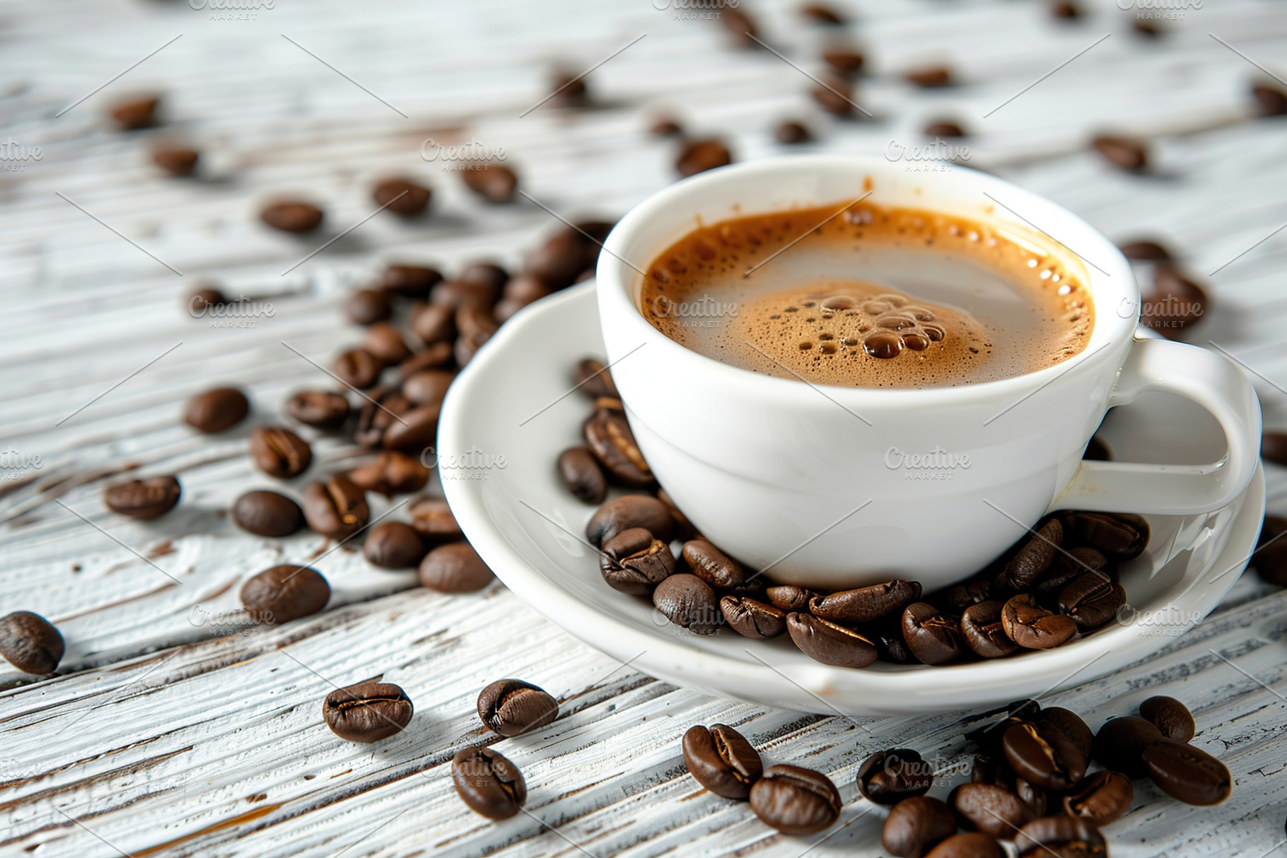 Cup of coffee and coffee beans on white wooden table, a Food & Drink Photo by AlyaAnd