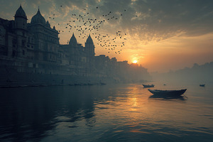 The holy Manikarnika ghat in Varanas, a Photo by Pavel_design