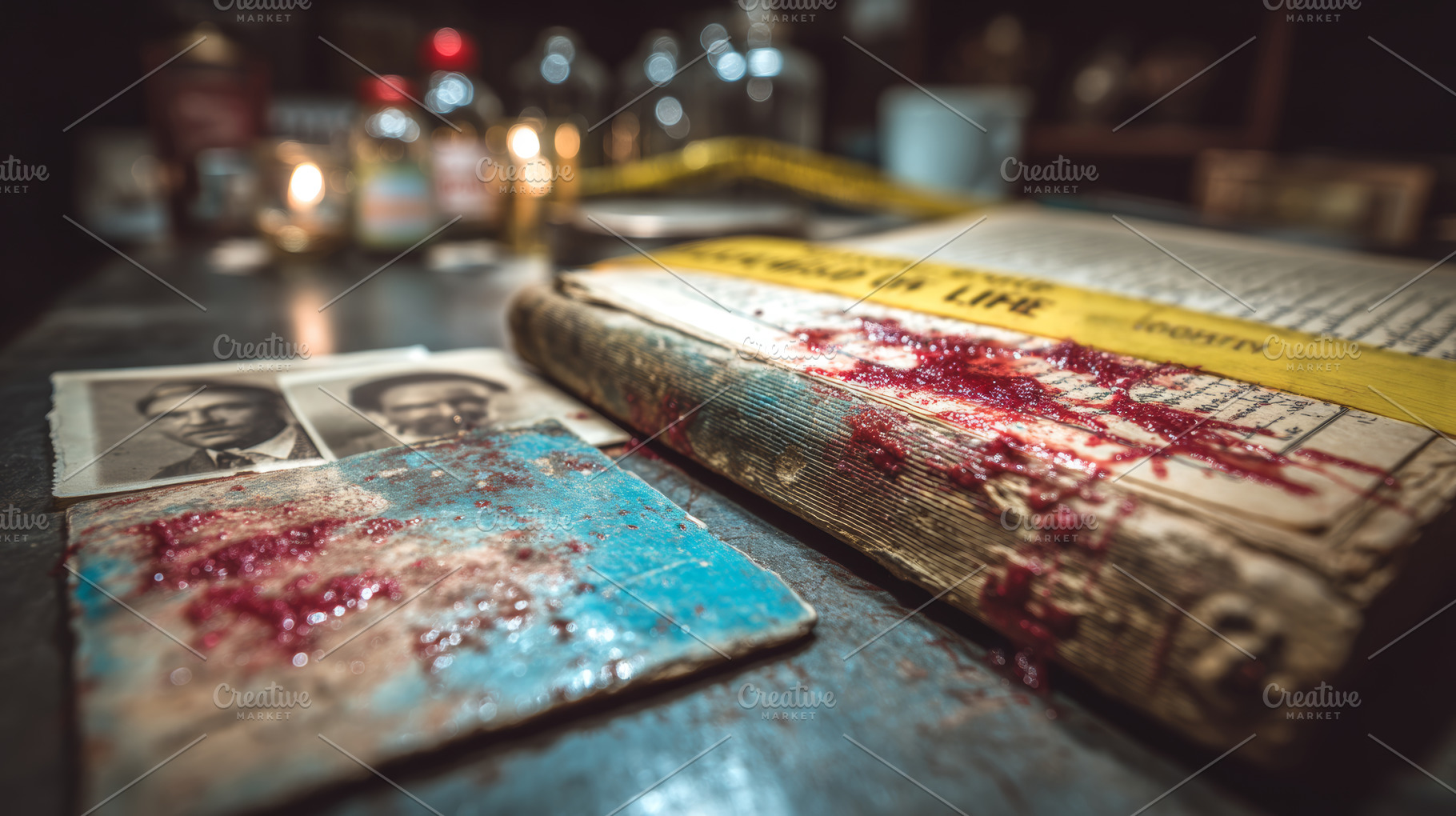 Crime scene evidence book with blood stains, vintage photographs and police tap, a Photo by AS photostudio