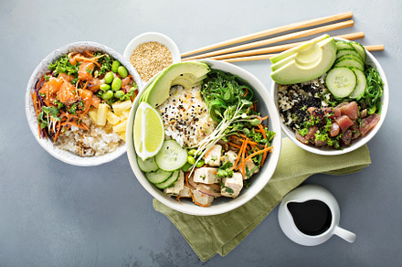 Variety of poke bowls with tuna sal containing variety, poke, and bowls, a Food & Drink Photo by farwasser