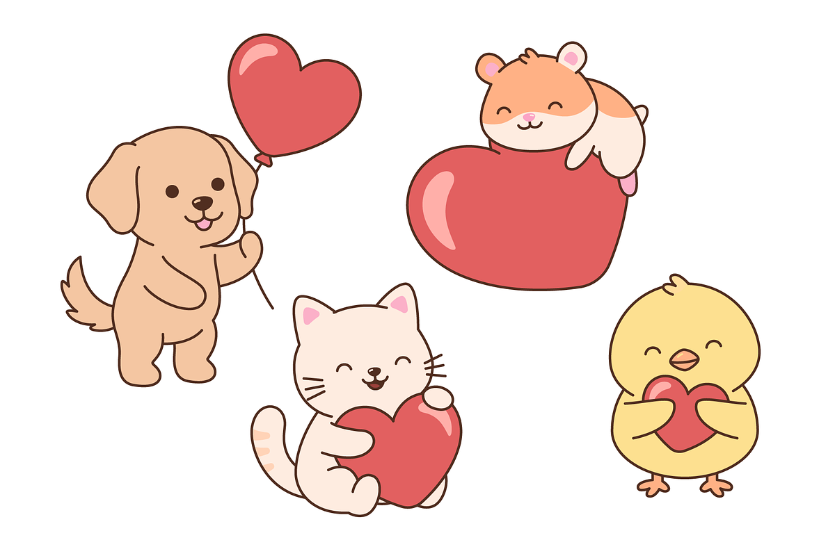 Cute kawaii animals holding hearts, an Animal Illustration by Cmeree (Photo 2 of 3)