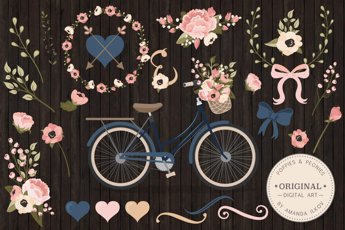 Navy & Blush Floral Bicycle & Extras, an Illustration by Amanda Ilkov (Photo 2 of 5)